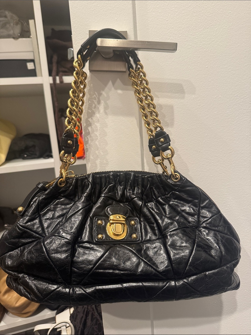 Marc Jacobs Black Quilted Leather Shoulder Bag with Gold Chain Hardware
